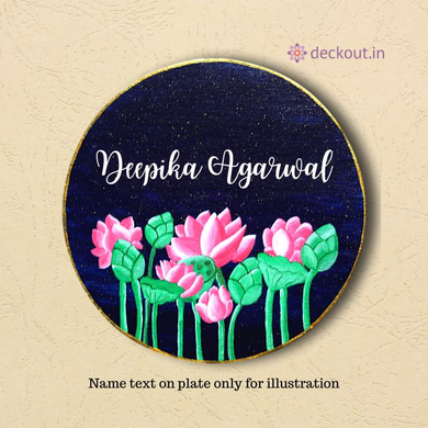 Circular Lotus Name Plate-deckout.in-art,circular,decor,floral,gift,gifting,handicraft,home,homemade,lotus,name plate,round,showpiece,wood