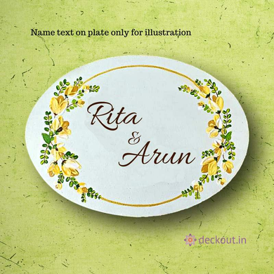 Oval Off White Floral Name Plate-deckout.in-art,decor,floral,gift,gifting,handicraft,home,homemade,name plate,oval,showpiece,wood