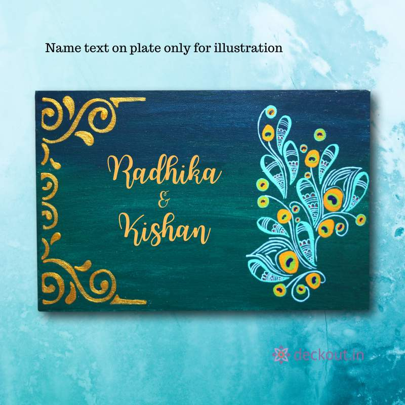 Rectangular Peacock Theme Name Plate-deckout.in-art,decor,gift,gifting,handicraft,home,homemade,name plate,peacock,showpiece,wood